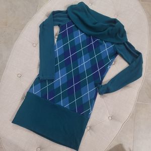 YABES Y2K Plaid Teal Blue Boatneck Off Shoulder Tunic Sweater Large L Jrs Preppy
